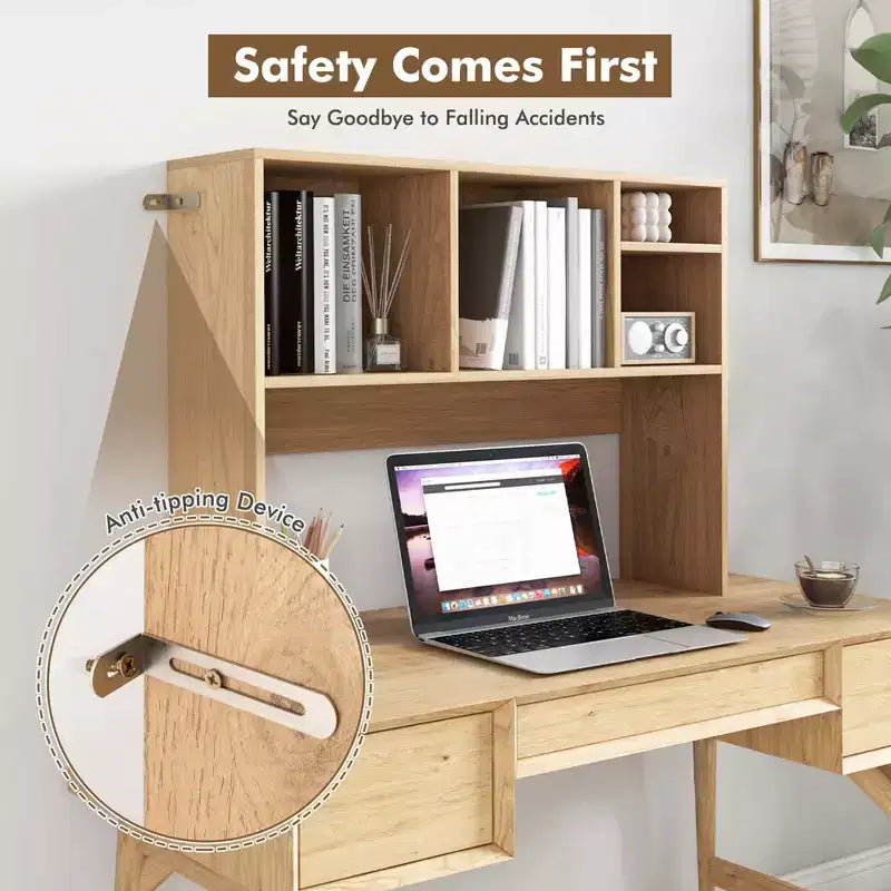 Desktop Bookcase Countertop Storage Organizer with 4 Cubbies, Natural/White