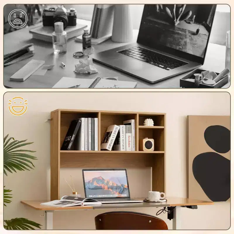 Desktop Bookcase Countertop Storage Organizer with 4 Cubbies, Natural/White