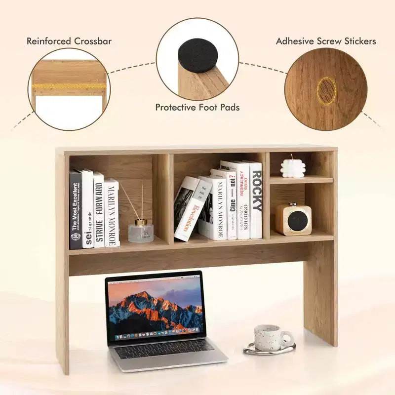 Desktop Bookcase Countertop Storage Organizer with 4 Cubbies, Natural/White