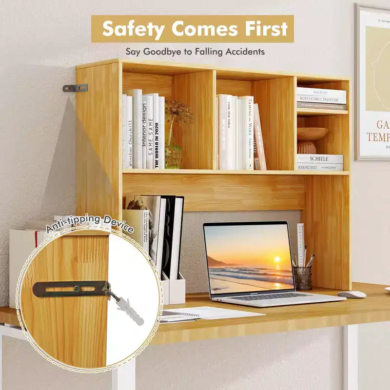 Desktop Bookcase Countertop Storage Organizer with 4 Cubbies, Natural/White