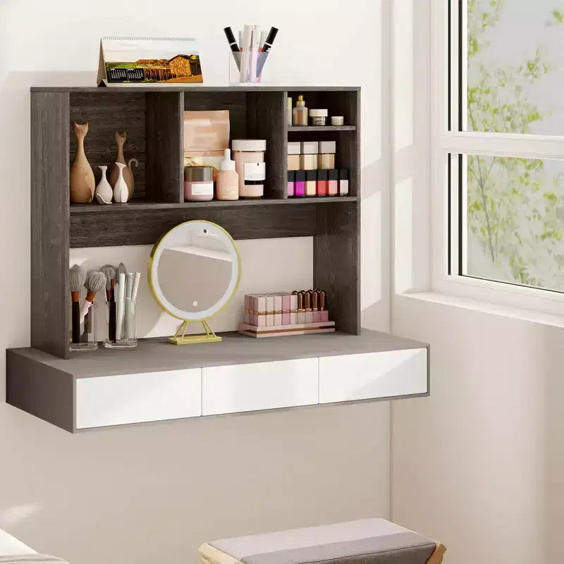 Desktop Bookcase Countertop Storage Organizer with 4 Cubbies, Natural/White