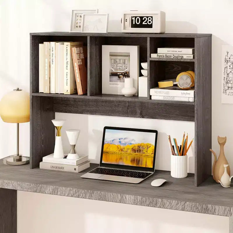 Desktop Bookcase Countertop Storage Organizer with 4 Cubbies, Natural/White