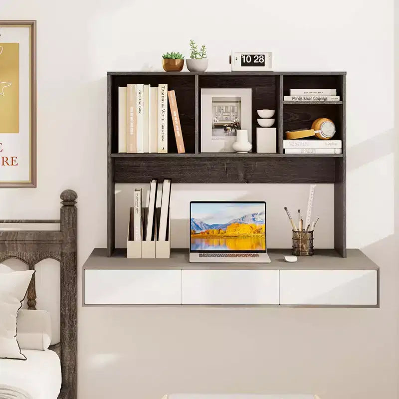 Desktop Bookcase Countertop Storage Organizer with 4 Cubbies, Natural/White