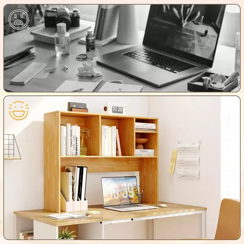 Desktop Bookcase Countertop Storage Organizer with 4 Cubbies, Natural/White
