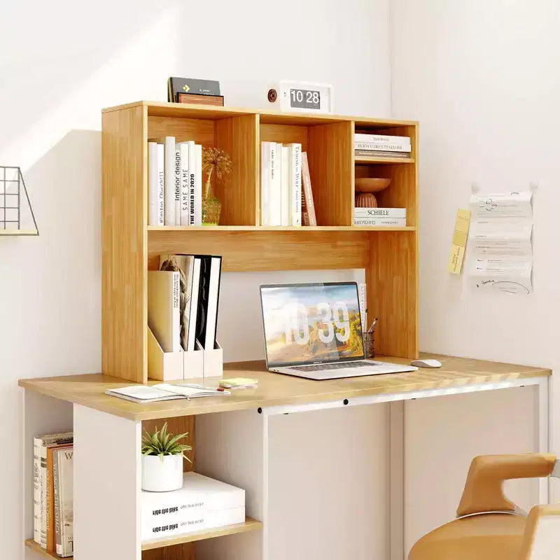 Desktop Bookcase Countertop Storage Organizer with 4 Cubbies, Natural/White