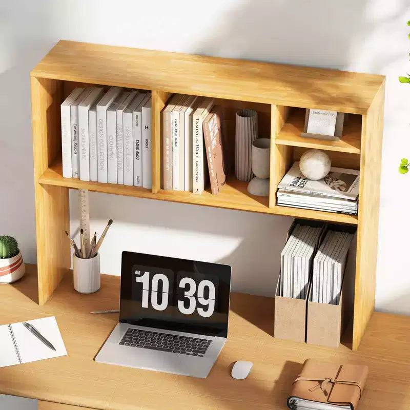 Desktop Bookcase Countertop Storage Organizer with 4 Cubbies, Natural/White