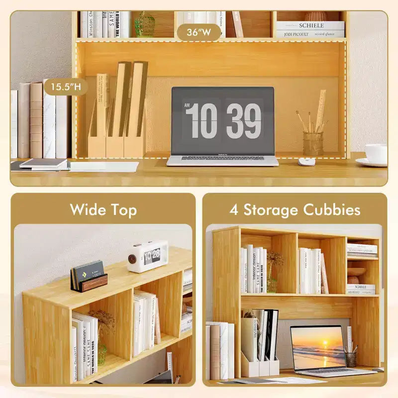 Desktop Bookcase Countertop Storage Organizer with 4 Cubbies, Natural/White