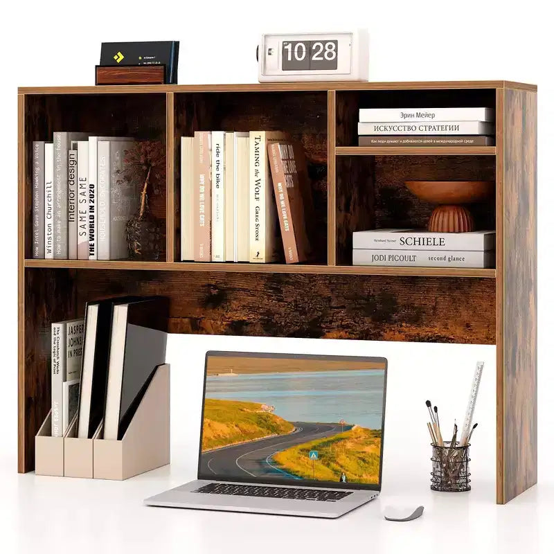 Desktop Bookcase Countertop Storage Organizer with 4 Cubbies, Natural/White