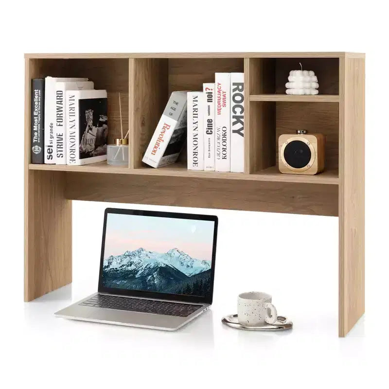 Desktop Bookcase Countertop Storage Organizer with 4 Cubbies, Natural/White
