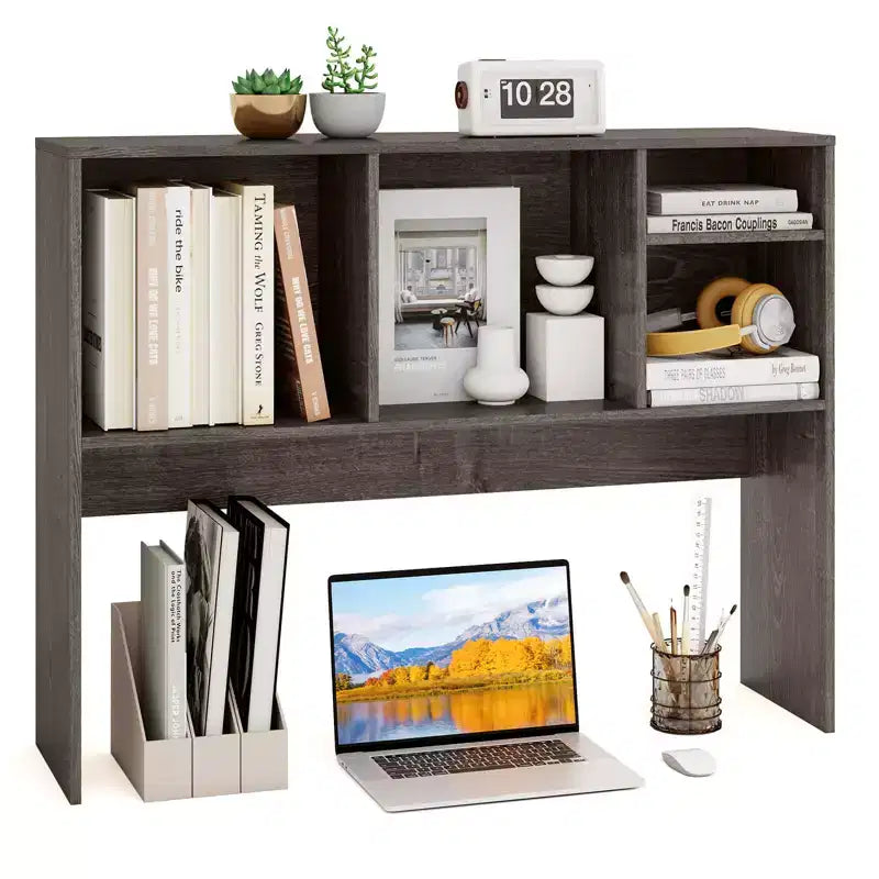Desktop Bookcase Countertop Storage Organizer with 4 Cubbies, Natural/White
