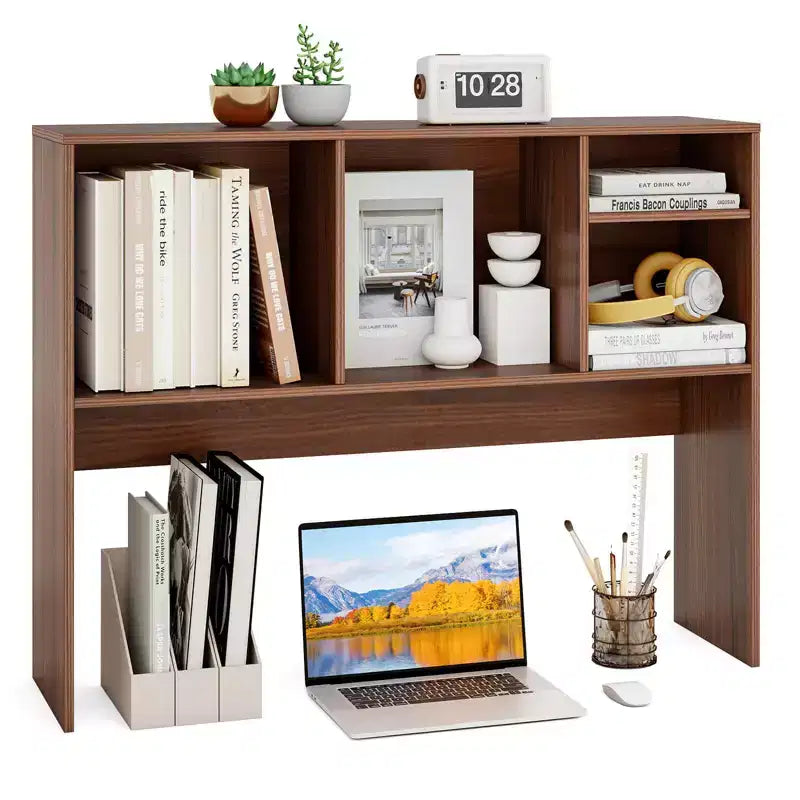 Desktop Bookcase Countertop Storage Organizer with 4 Cubbies, Natural/White